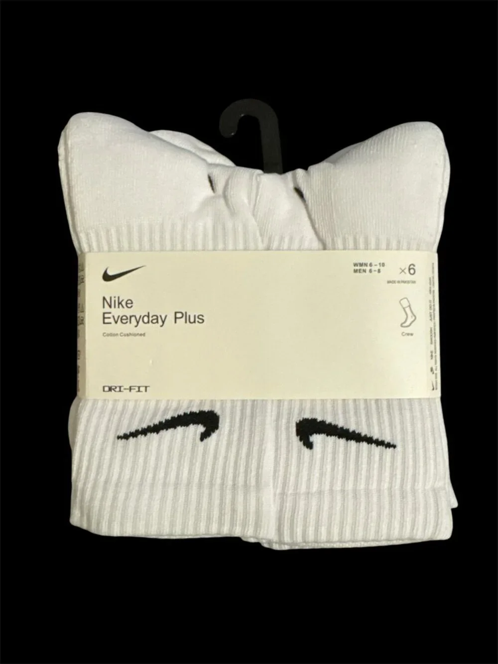 Nike Everyday Plus Dri-FIT Crew Socks 6 Pairs Cushioned Black White M L